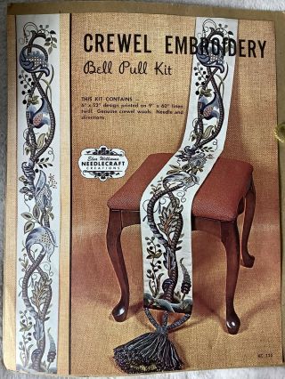 Vintage Elsa Williams Jacobean Crewel Embroidery Bell Pull Kit 9 X 60” Begun
