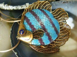 Vtg Chinese Gilt Sterling Silver Cloisonne Fish Pendant Necklace Pin Enamel