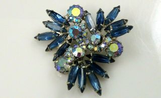 Vintage Blue And Ab Rhinestone Flower Brooch Pin Prong Set Marquise Silver Tone