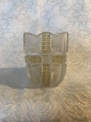 Vintage Frosted Satin Cut Glass Square Toothpick Holder Cross Pattern