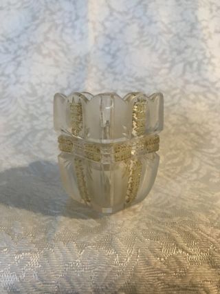 Vintage Frosted Satin Cut Glass Square Toothpick Holder Cross Pattern 2