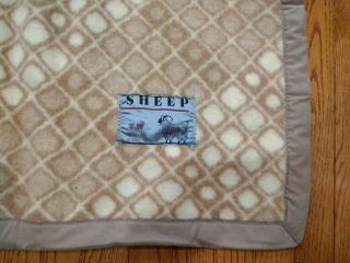 Vintage Sheep Wool Blanket Brown Beige Geometric Squares 73x88