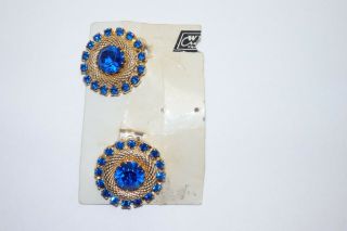 Stunning Vtg WEISS Vivid BLUE RHINESTONE Gold Tone Mesh Pin BROOCH Earrings Set 3