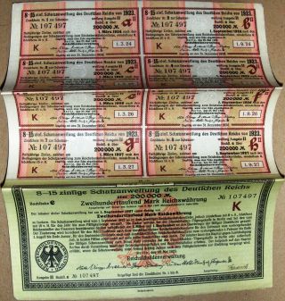 Sequential With All Coupons.  Vintage German 200,  000 Marks Bond 1923.