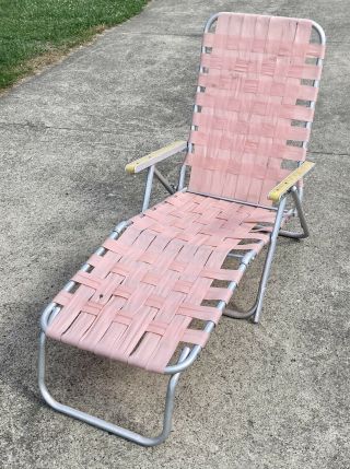 Vintage Aluminum Folding Webbed Chaise Lounge Lawn Chair Pink