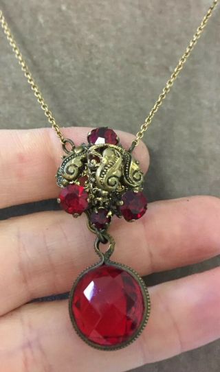 Vintage Jewellery Art Deco Czech Ruby Red Crystal Pendant Necklace