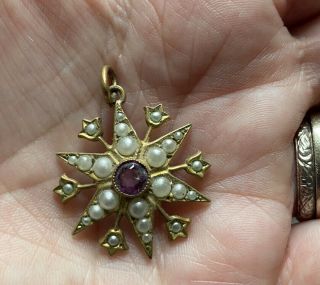 Vintage Seed Pearl Amethyst Gold Star Pendant Costume Jewellery