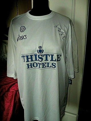 Leeds United 1995 - 96 Home Football Shirt Vintage White Thistle Hotels Asics L