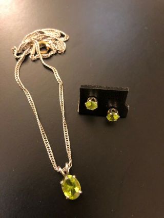 Vintage Sterling Silver & Green Peridot Pendant Necklace & Earrings Set