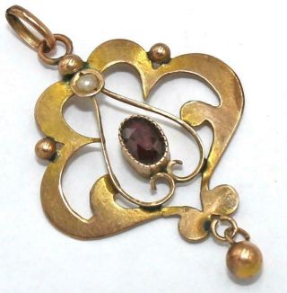 Lovely Antique Signed J&k Co Solid 9ct Gold Nouveau Garnet Seed Pearl Pendant