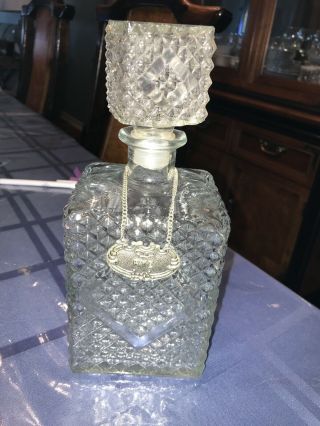Vintage Square Diamond Cut Glass Liquor Decanter With Metal Tag - Rye