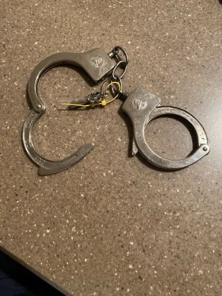 Vintage Handcuffs Silver Steel ? Police Duty Double Lock W/key Lion Insignia