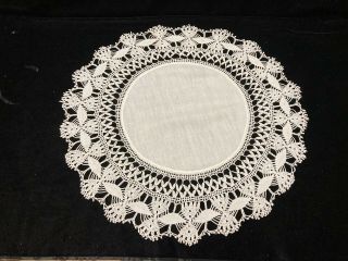 Vintage White Large Linen & Hand Crocheted Doily 16 1/4 " Scalloped Edge