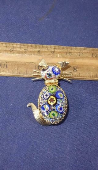 Vintage Blue Italian Venetian Millefiori Murano Glass Cat Pin Brooch Jewelry