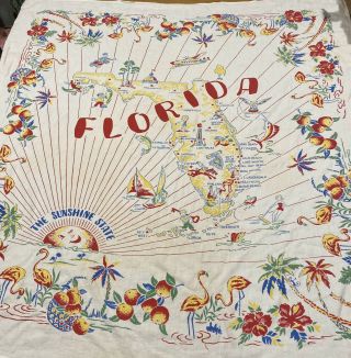 Vintage Florida Tablecloth Sunshine State Pre - Disney Map Flamingos Water Skier