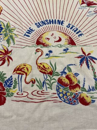 Vintage Florida Tablecloth Sunshine State Pre - Disney Map Flamingos Water Skier 2