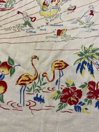 Vintage Florida Tablecloth Sunshine State Pre - Disney Map Flamingos Water Skier 3