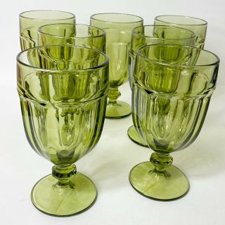 Vintage Libbey Duratuff Gibraltar Olive Green Glass Water Goblets Set Of 7