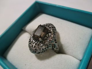 Vintage Sterling Silver Large Filigree Ring With Emerald Cut Smoky Quartz - 6.  5