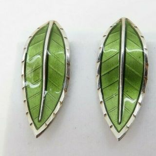 Vintage Ivar T.  Holth Norway Sterling Silver Green Enamel Leaf Earrings 1960s