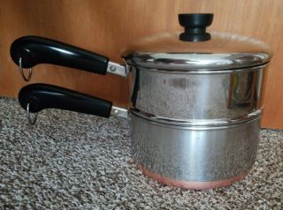 Vtg Shiny Revere Ware 2 Qt Copper Clad Bottom Sauce Pan W/steamer Pot & Lid Ss