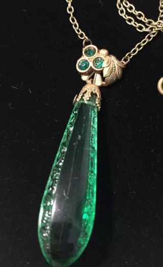 Vintage Jewellery Gorgeous Art Deco Czech Green Glass & Crystal Pendant Necklace