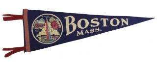 Vintage 1950’s Boston Mass 26” Felt Pennant W Bunker Hill Faneuil Hall Graphics