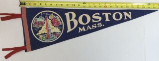 Vintage 1950’s Boston Mass 26” Felt Pennant w Bunker Hill Faneuil Hall Graphics 2