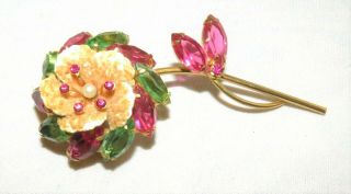 Vintage Juliana Flower Brooch Pin Green Pink Rhinestones Pinwheel 3 1/2 " Long