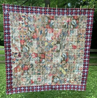Vtg Hand Stitched Crazy Quilt W/knots 67 " X 64 " Flowers W/red White Blue Border