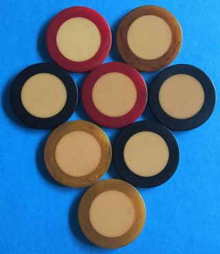 Eight Vintage Two - Tone Bakelite Poker Chips - Three Different Colors.