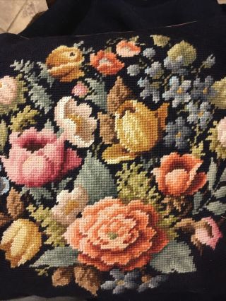 Vintage Needlepoint Floral Pillow 14” Square