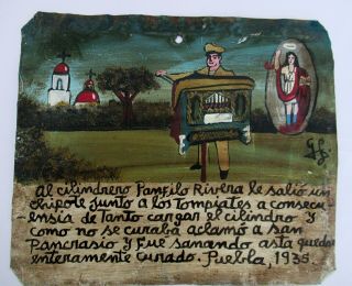 Vtg 1935 Rustic Mexican Hp Tin Retablo San Pancrasio Cures Man From Back Pain