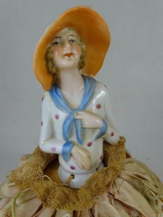 Antique German Porcelain Pin Cushion Half Doll Sun Bonnet Girl Lady 4 " Tall Vtg