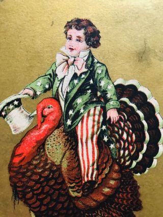 Vintage Thanksgiving Postcard Little Boy Uncle Sam Riding Turkey