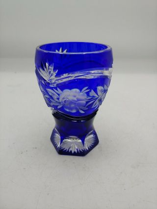 Vtg Cobalt Blue Czech Bohemian Crystal Cut To Clear Glass/ Vase No Chips/ Cracks