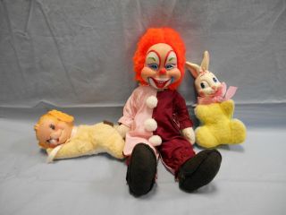 3 Vintage 1950s Rubber Head Plush Toys Rushton Clown Dreamland Bunny A - 1 Puppy
