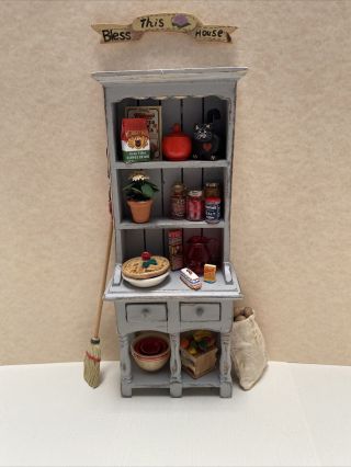 Dollhouse Miniature Artisan Gray Kitchen Hutch Cabinet Filled Food Dishes Glass