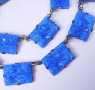 Antique Art Deco Molded Blue Glass Flower Panel Necklace Czech