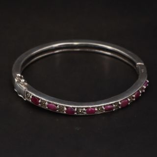 Vtg Sterling Silver - Ruby Cluster Filigree 6.  25 " Hinge Bangle Bracelet - 24g