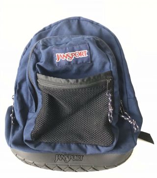 Jansport Navy Blue Backpack Rubber Tire Bottom Vintage 90s School Book Bag Retro