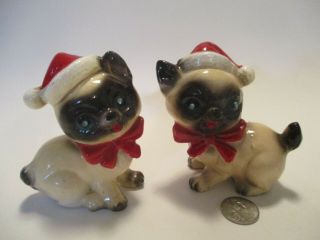 Vintage Christmas Siamese Cats Rhinestone Eyes Salt Pepper Japan Kreiss