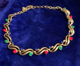 Vintage Signed Trifari Shiny Gold Toned Metal Necklace Red Green And Blue Caboch