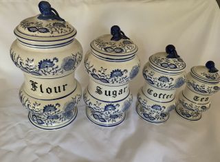Vintage Signed Blue Onion Flour Vintage Danube Sugar Coffee And Tea Canister Set