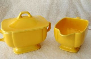Vintage Homer Laughlin Harlequin Yellow Sugar Bowl with Lid and Creamer 3