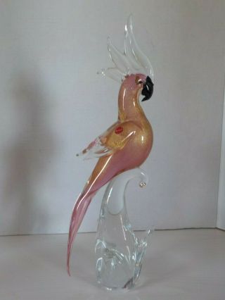 Vintage Murano Italian Art Glass Pink And Gold Fleck Cockatoo Parrot 16 Inches