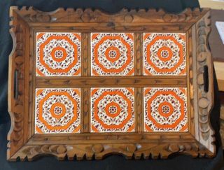 Vintage Hand Carved Wood Serving Tray Inlaid With 6 Ceramic Tiles 19.  5 “ X 14”