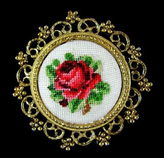 Vintage Round Needlepoint Petit Point Red Rose Floral Brooch Pin Pendant Combo