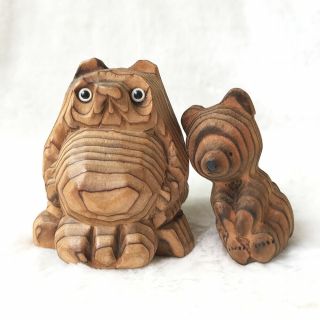 Vintage Wood Carving Tanuki Raccoon Dog & Bear Figurine Folk Art Japanese