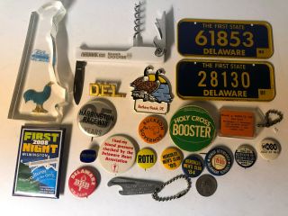 Vintage Delaware Related Memorabilia Pins Bottle Opener Political Knife Schools,